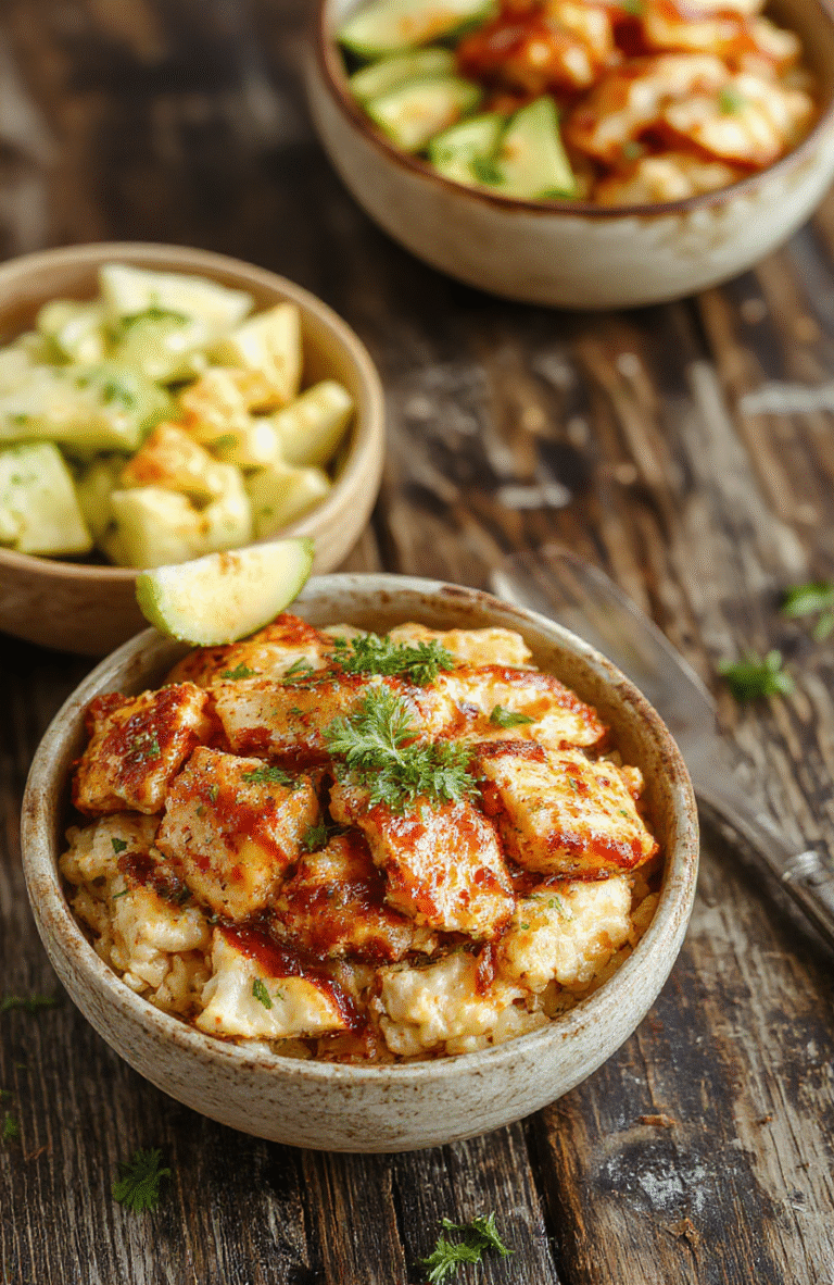 Colorful sweet and smoky honey chipotle chicken served over fluffy rice with vibrant garnishes, glazed with a rich sauce, styled on a rustic wooden surface with fresh herbs