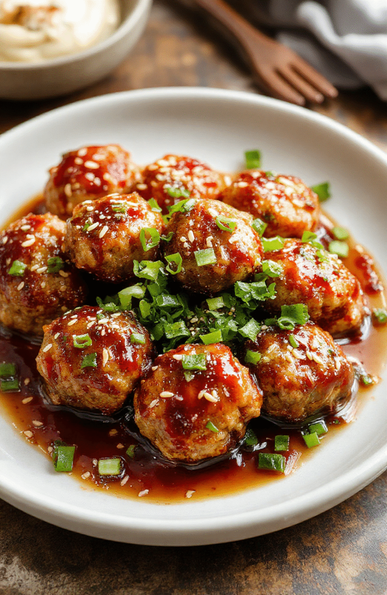 Colorful Asian turkey meatballs arranged on a white plate, garnished with chopped green onions and sesame seeds, glazed with a glossy spicy sauce, accompanied by a side of steamed vegetables, vibrant and appetizing with a hint of red and green accents