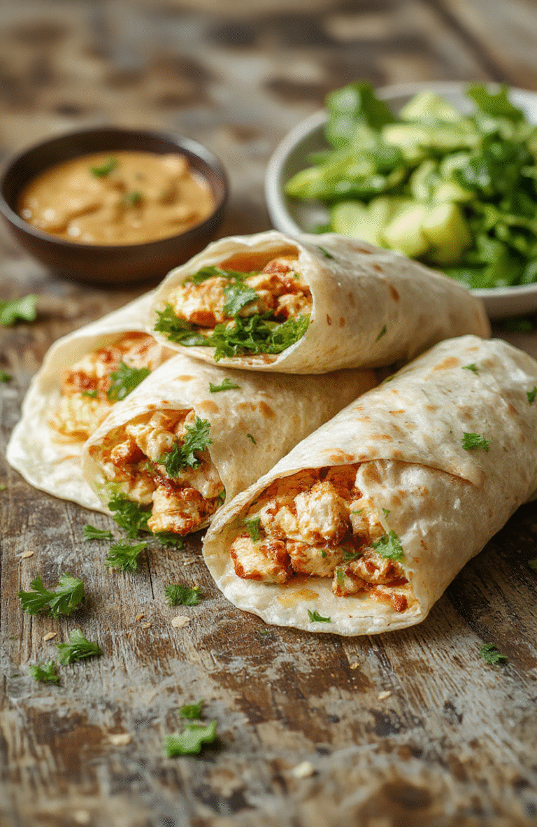 A vibrant plate of Thai peanut chicken wraps featuring golden-brown grilled chicken strips, crunchy fresh vegetables, and creamy peanut sauce drizzled over crispy tortilla wraps, styled with colorful greens and lime wedges on a rustic wooden table.