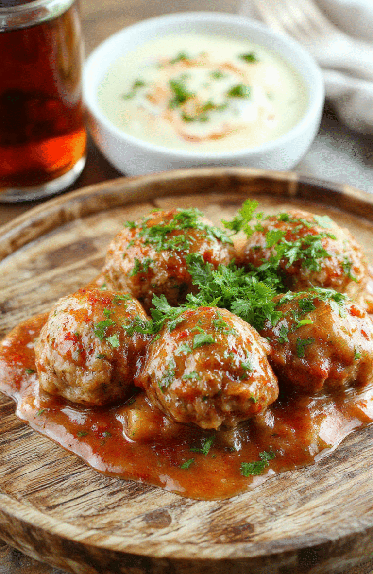 A close-up of golden-brown Italian meatballs arranged on a rustic wooden plate, garnished with fresh basil and grated Parmesan cheese, with a background of spaghetti and marinara sauce, vibrant colors, appealing textures, styled simply for a cozy kitchen vibe.