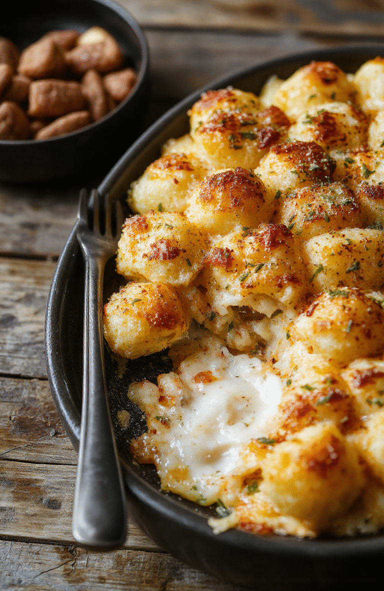 A golden, bubbling Tater Tot Casserole served in a rustic baking dish, topped with melted cheese and fresh chopped herbs, with crispy edges, vibrant colors, and inviting textures, styled simply on a wooden table.
