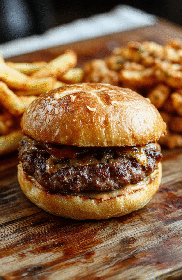 A close-up of a juicy, crispy crack burger with melted cheese, fresh lettuce, tomato slices, and crunchy pickles on a rustic wooden plate, with a side of crispy fries and a drizzle of special sauce, styled casually to showcase textures and vibrant colors.