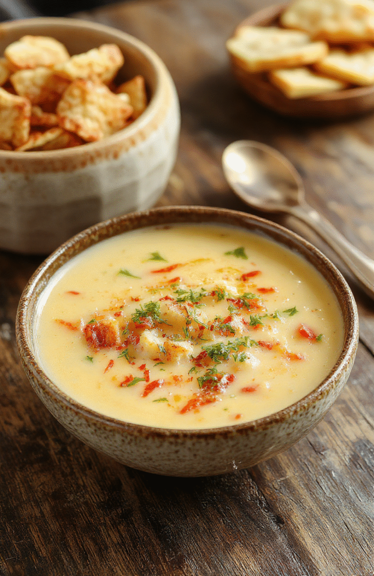 A vibrant bowl of cheeseburger soup with melted cheese, diced tomatoes, chopped green onions, and crumbled bacon on top, served in a white bowl on a rustic wooden table with fresh ingredients around.