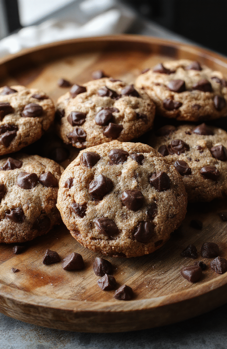 A close-up of golden-brown chewy chocolate chip cookies stacked on a rustic wooden plate, dotted with melty chocolate chunks, with a slightly cracked surface showcasing their soft interior. The cookies are styled on a natural linen cloth, highlighting their texture and inviting appearance.