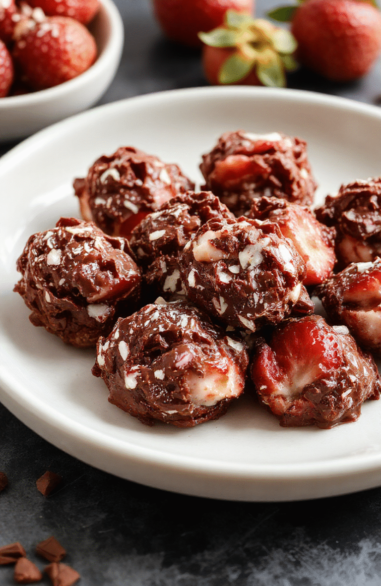 A close-up shot of vibrant chocolate and pink strawberry yogurt clusters with a glossy finish, arranged on a white plate with a sprinkle of crushed nuts, showcasing their creamy texture and colorful appeal, styled simply with a soft background and natural daylight.