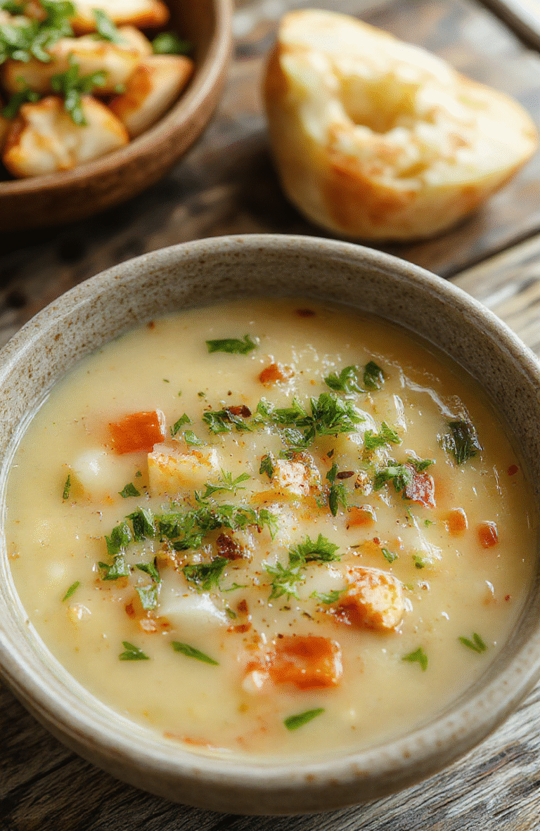 A hearty bowl of wild rice soup with chunks of vegetables and tender rice, garnished with fresh herbs, set on a rustic wooden table with a warm, fall-inspired background