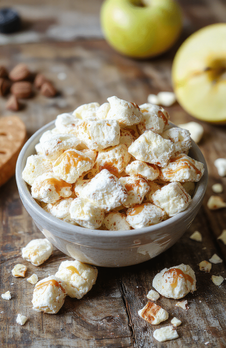 A vibrant bowl of caramel apple puppy chow on a rustic wooden table, featuring colorful coated Chex cereal pieces, flecks of crushed candy, fresh apple slices, and drizzles of caramel, styled with fall-themed decorations and soft natural lighting, highlighting the textures and glossy coating.