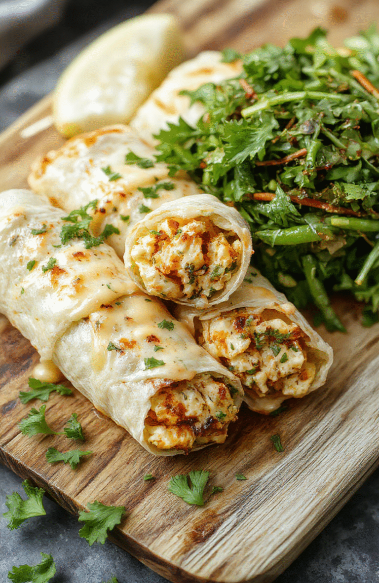 A vibrant plate of cheesy chicken wraps featuring golden-brown tortillas filled with shredded chicken, melted cheese, and fresh green lettuce, garnished with chopped herbs. The wraps are sliced in half to reveal gooey cheese and tender chicken, arranged neatly on a rustic wooden platter with a side of dipping sauce. The scene is bright and inviting, emphasizing textures and colors that make the dish look appetizing and perfect for dinner.