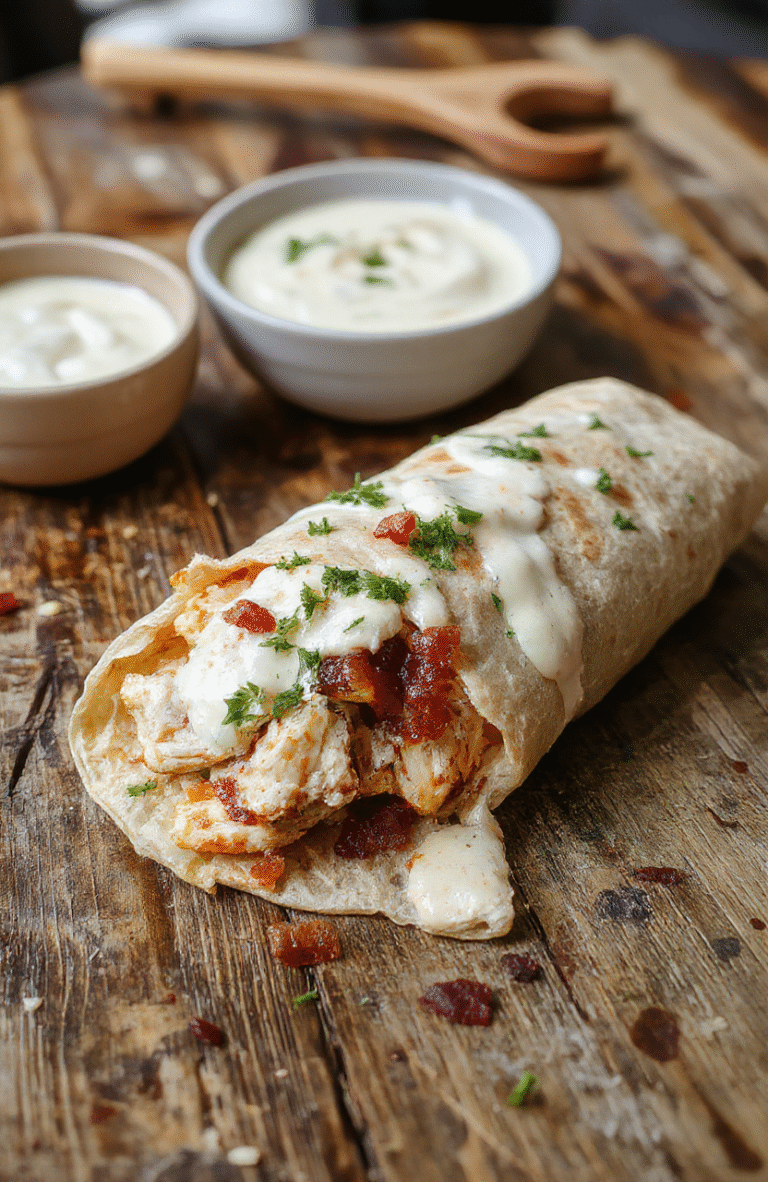 A vibrant plate showcasing a crispy bacon chicken ranch wrap sliced open to reveal juicy chicken, melted cheese, fresh greens, and creamy ranch sauce. The wrap is golden brown, textured, and inviting, garnished with extra bacon strips and chopped herbs, styled on a rustic wooden board with a colorful background.
