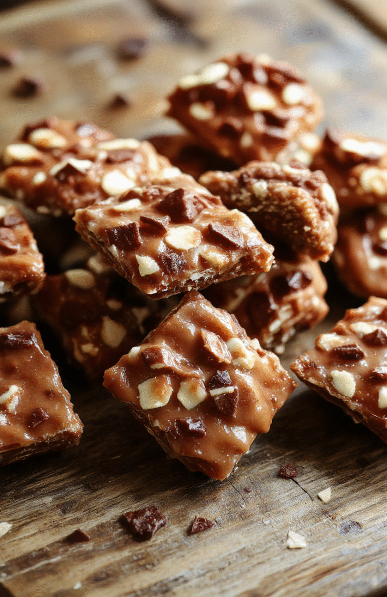 A close-up of golden-brown cracker toffee layered on a rustic wooden surface, topped with shiny caramel glaze and chopped nuts, styled with festive holiday decorations, highlighting the crispy texture and glossy finish.