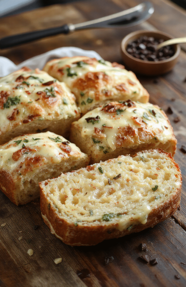 A golden-brown cheesy Christmas bread topped with melted cheese and fresh herbs, sliced to reveal gooey interior, presented on a rustic wooden board with holiday decorations in the background, inviting and colorful.
