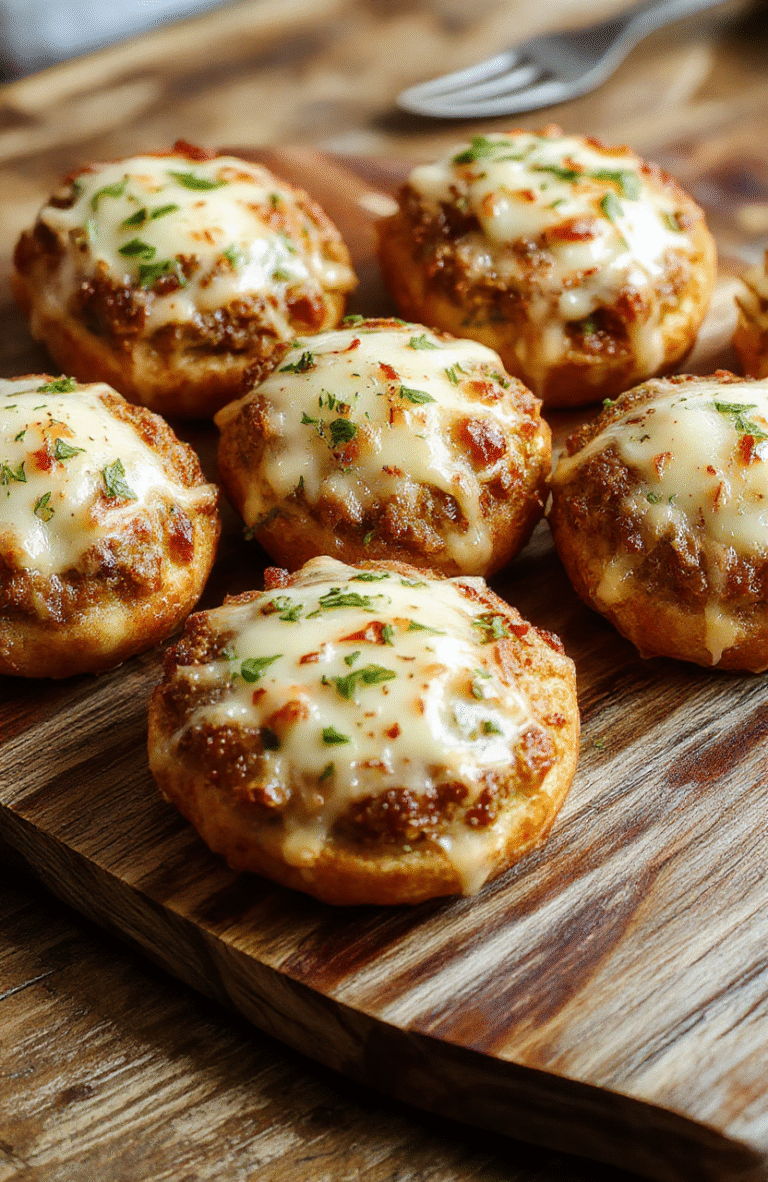 A close-up of golden-brown cheesy garlic parmesan bombs arranged on a rustic wooden board, melted cheese oozing from the flaky, crispy exterior, garnished with fresh parsley and minced garlic for added appeal, styled simply with a neutral background to emphasize the rich textures and vibrant colors of the dish.