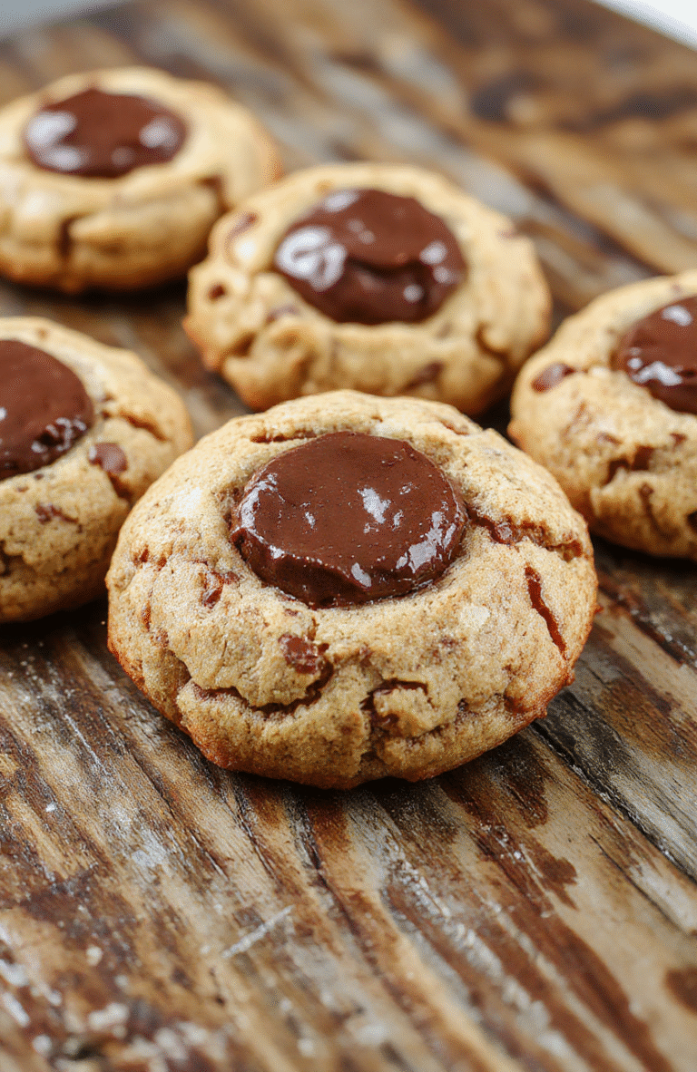 A close-up of chewy chocolate thumbprint cookies arranged on a rustic wooden plate, showcasing glossy chocolate filling nestled in golden-brown, textured cookies, with a few crumbs and cocoa powder scattered around, styled with a simple background emphasizing the rich chocolate and inviting appearance.