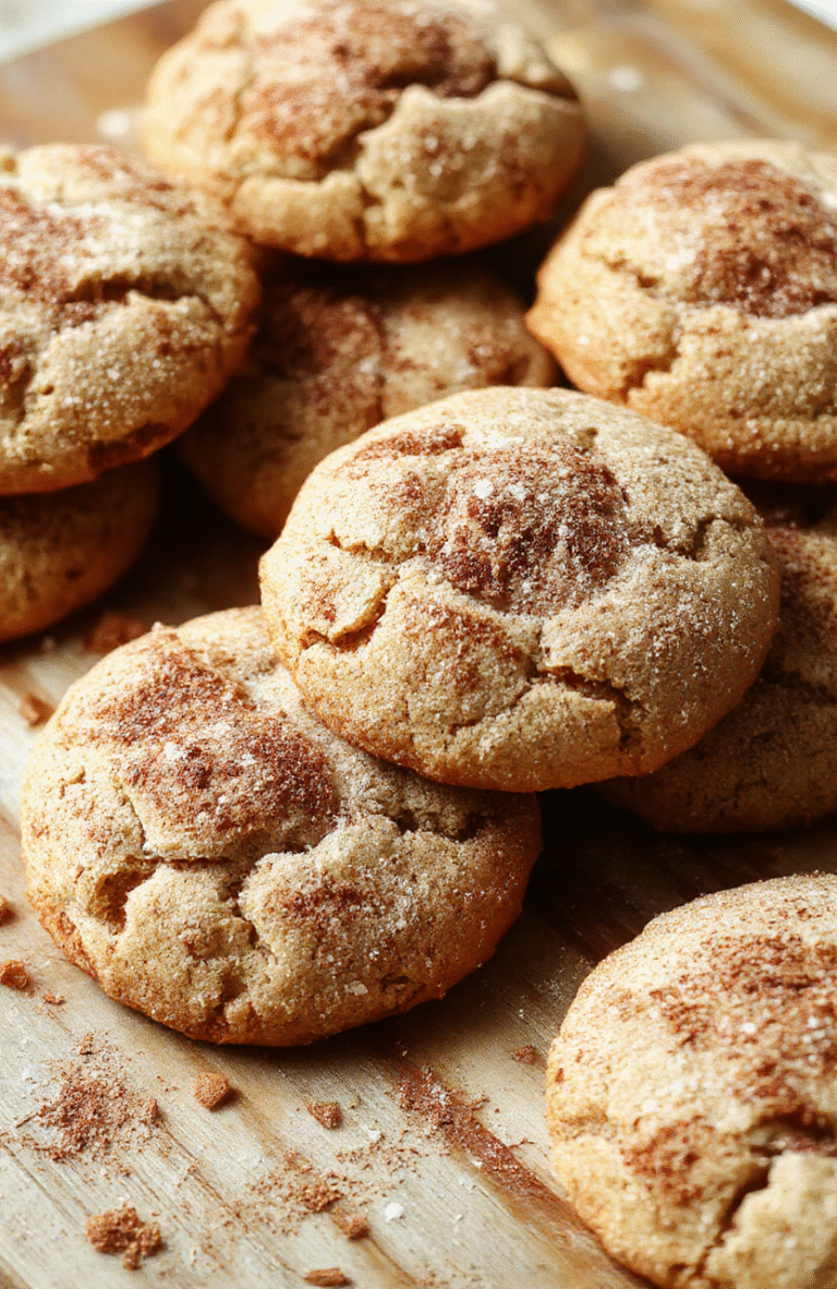 A plate of golden-brown, chewy snickerdoodles coated in a cinnamon sugar mixture, arranged on a rustic wooden surface with a sprinkle of cinnamon nearby. The cookies have a cracked, slightly crispy exterior with a soft, chewy interior visible at the edges. Soft natural lighting enhances the warm, inviting tones of the cinnamon sugar topping, styled simply for a cozy, homely feel.