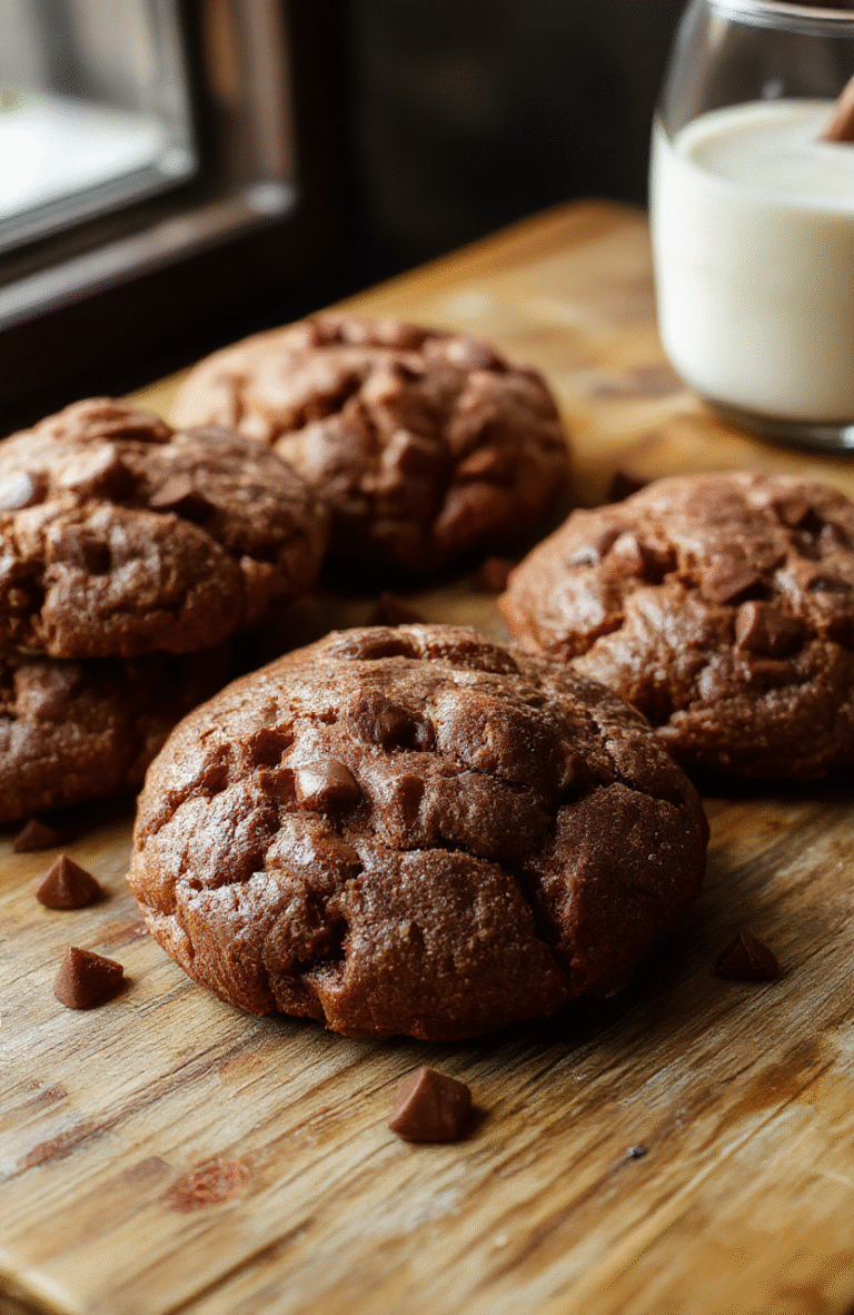 A plate of chewy hot chocolate cookies with melted chocolate chips, topped with a sprinkle of cocoa powder and whipped cream, styled on a warm wooden table with a cozy winter background, soft natural lighting highlighting the rich textures and gooey centers.