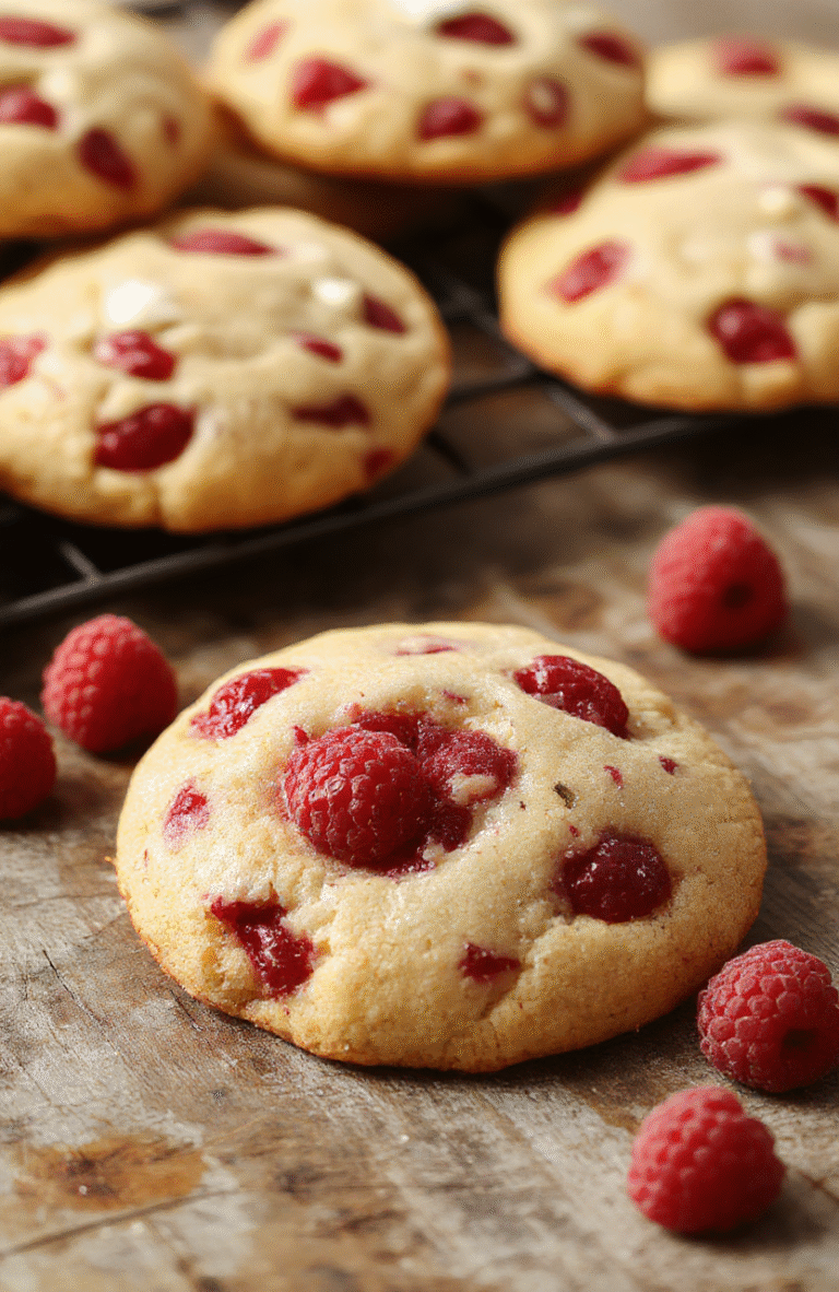 A close-up of vibrant red raspberry cookies on a rustic wooden plate, showing their chewy texture and fresh raspberry inclusions, styled with a few scattered raspberries around for visual appeal, natural lighting emphasizing the glossy and soft surface.