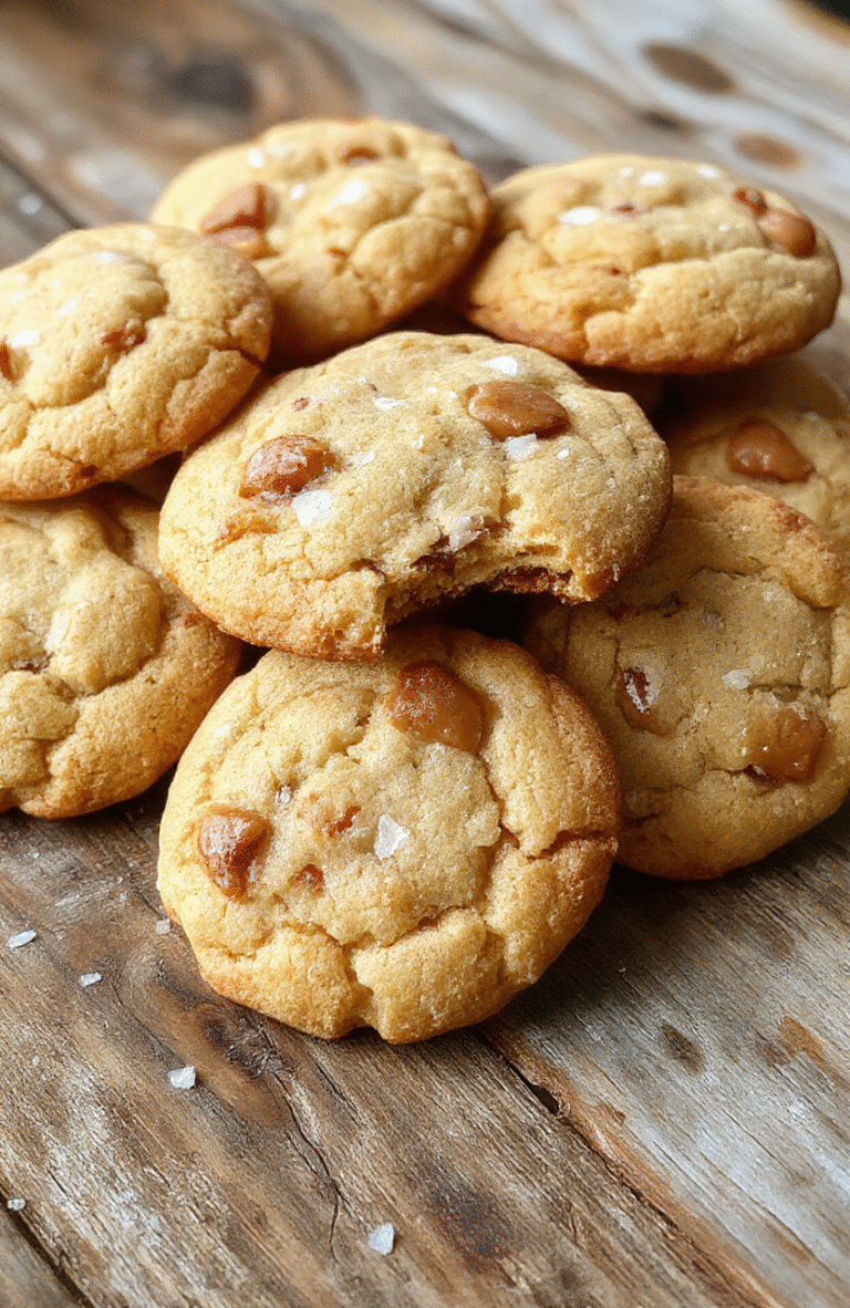Golden-brown chewy sea salt butterscotch cookies arranged on a rustic wooden platter with a sprinkle of sea salt and melted butterscotch chunks, styled with a few rough sprigs of sea salt and caramel drizzle, textured surface and glossy finish highlighting their gooey interior.