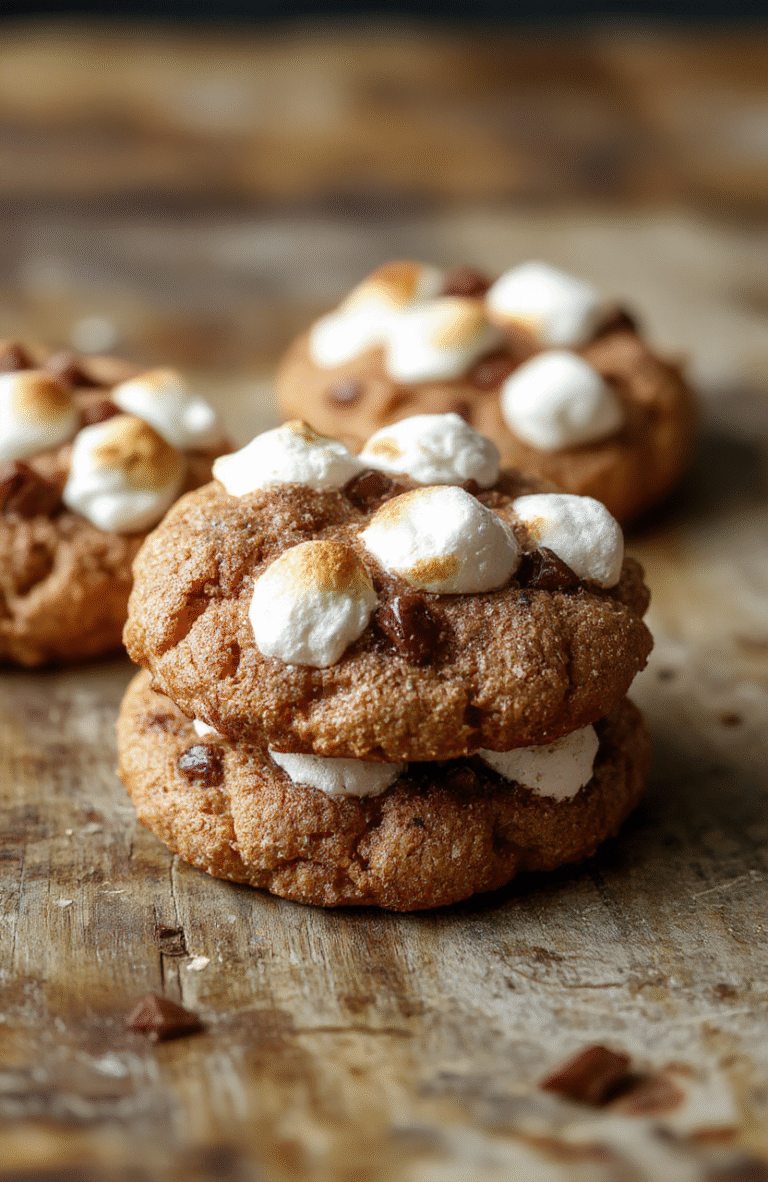 A plate of chewy S'mores cookies featuring golden-brown tops with melty marshmallows and chocolate chunks, arranged beautifully on a rustic wooden surface. The cookies are slightly cracked with gooey marshmallow and chocolate oozing, garnished with graham cracker crumbs and a drizzle of chocolate. Natural daylight highlights the textures and rich colors, styled casually for an inviting dessert scene.
