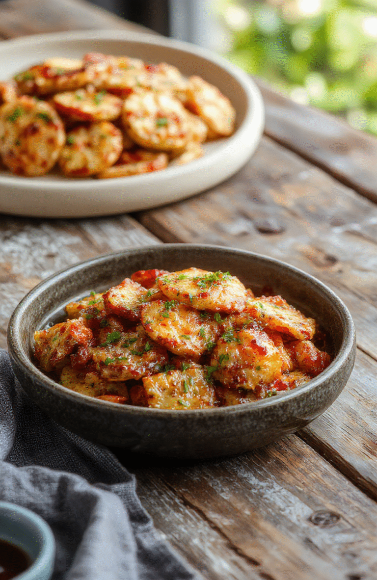 A vibrant plate featuring golden-brown slices of a hearty, cheesy casserole topped with fresh herbs, set on a rustic wooden table. The dish displays a creamy, bubbly crust with melty cheese invitingly stretching as a slice is served. Background elements include a fork, a side salad, and warm ambient lighting that highlights the rich textures and appetizing presentation.