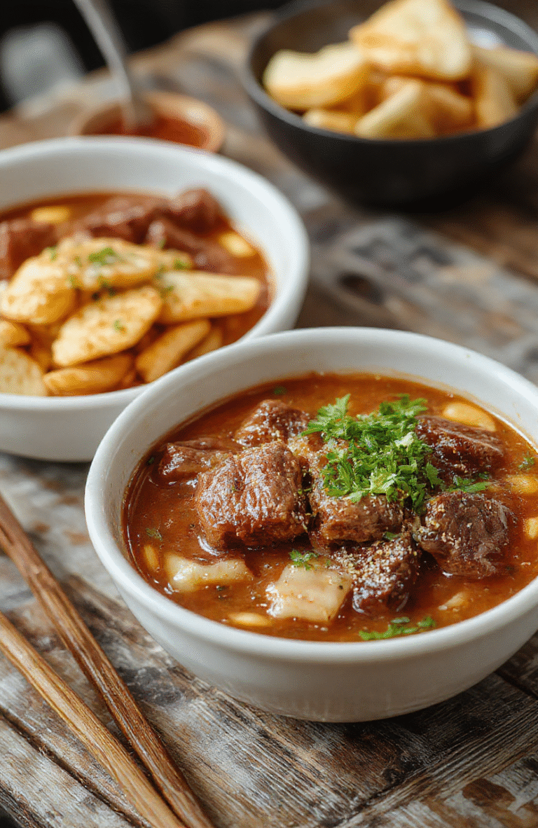 A bowl of steaming beef ramen noodles featuring tender slices of beef, soft boiled eggs, vibrant green scallions, and rich broth. The dish is beautifully plated with a glossy finish, contrasted against a rustic wooden table, with a spoon resting on the side. The vibrant colors and textures highlight the hearty ingredients and comforting presentation.