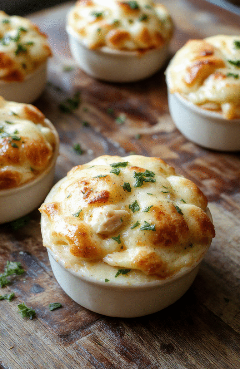 A close-up of a golden-brown mini chicken pot pie sitting on a rustic wooden table, steam gently rising from the flaky crust, overflowing with tender chicken, carrots, peas, and creamy sauce, styled with fresh herbs and a side of leafy greens.