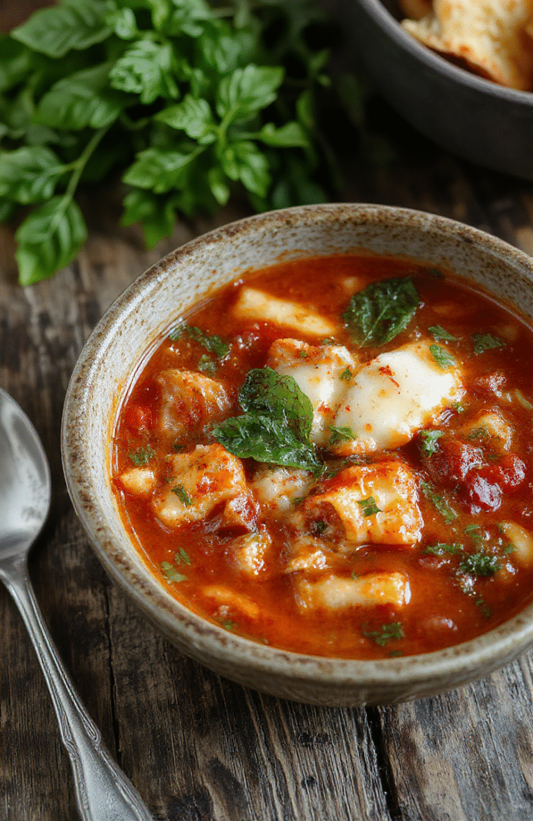 A vibrant bowl of lasagna soup featuring layers of melted cheese, rich tomato broth, and tender pasta, garnished with fresh basil and grated Parmesan on a rustic wooden table.