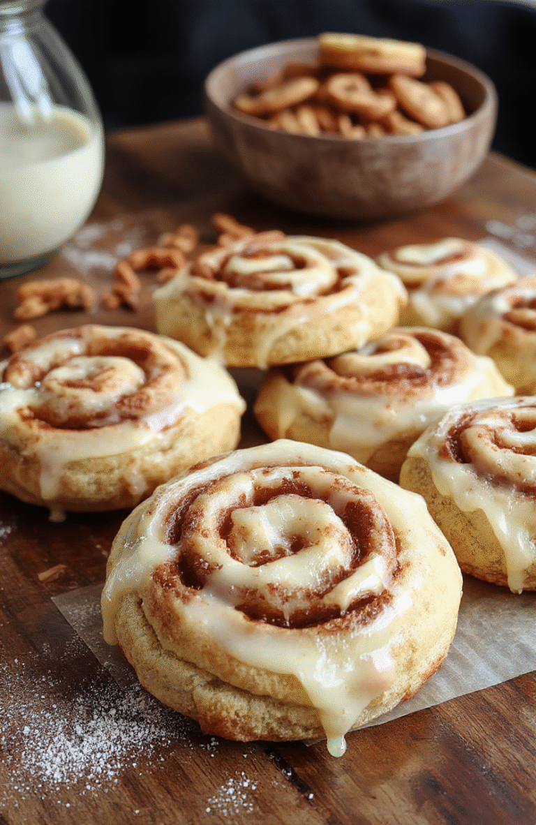A close-up of cinnamon roll cookies arranged on a rustic wooden platter, showcasing their golden-brown tops drizzled with white icing. The cookies are round with visible swirls of cinnamon and sugar, complemented by autumn leaves and a cinnamon stick for seasonal styling. The lighting emphasizes the warm tones and soft textures, inviting comfort and cozy vibes.