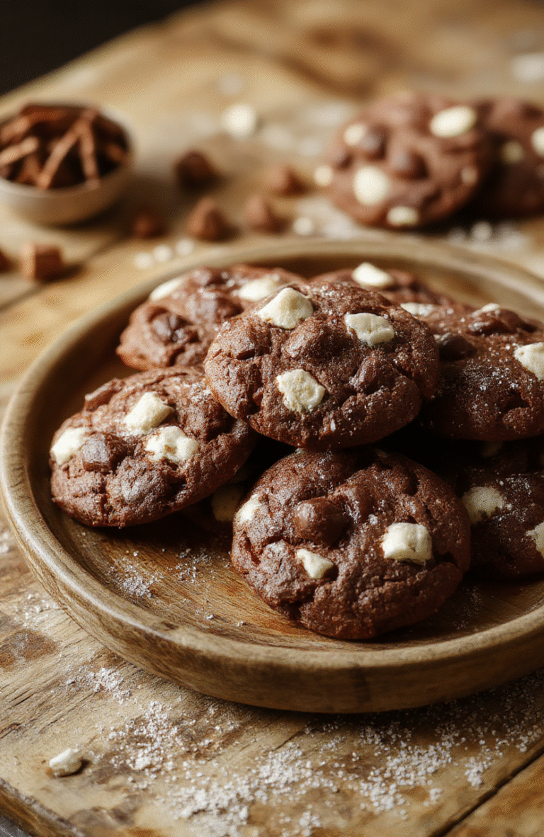 A close-up of cozy hot chocolate cookies arranged on a rustic wooden plate, topped with marshmallows and drizzled with chocolate syrup. The cookies are golden brown with soft, melty centers and a glossy finish, surrounded by cocoa powder and small chocolate chips. The background features a warm, fuzzy blanket and a steaming mug of hot chocolate, creating a inviting winter atmosphere.