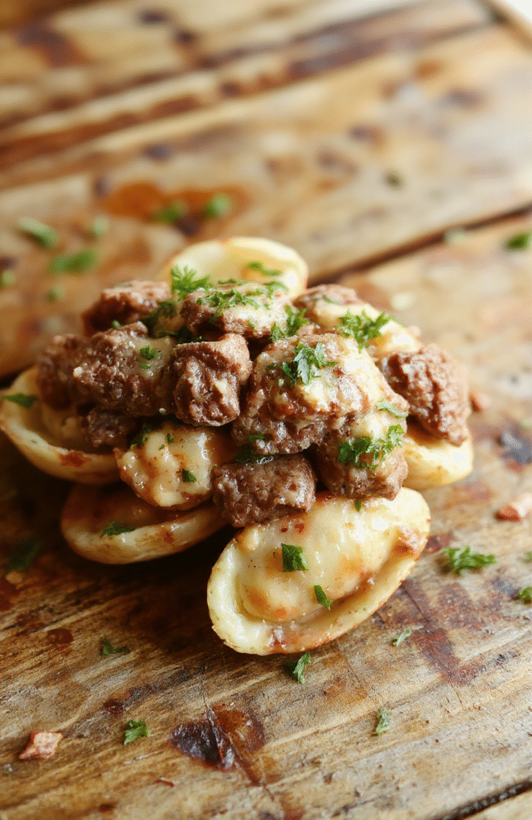 A vibrant plate of creamy beef and shells, topped with fresh herbs, showcasing tender pasta shells coated in rich sauce with ground beef, vibrant red tomatoes, and a sprinkle of cheese, styled simply on a white plate with rustic background.
