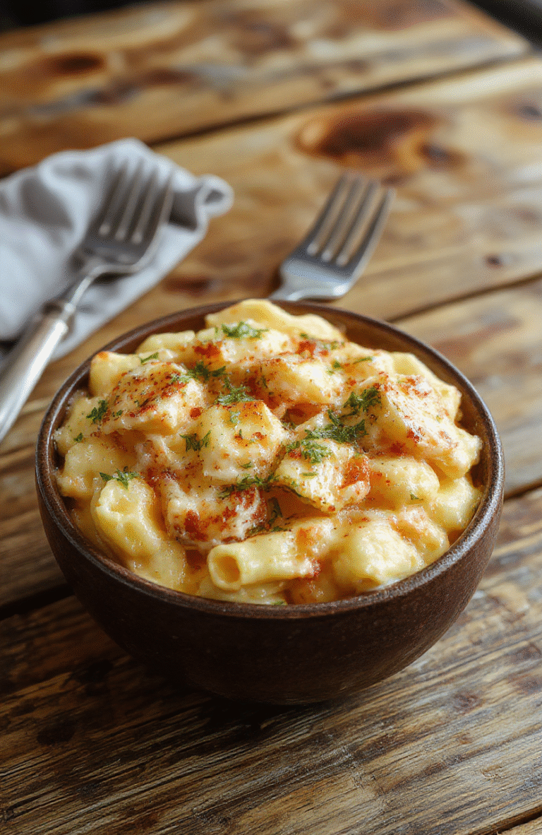 A vibrant bowl of creamy chicken mac and cheese featuring tender pasta coated in a cheesy sauce, topped with crispy bits of chicken and fresh herbs, presented on a rustic wooden table with a sprinkle of cheese and herbs for garnish.