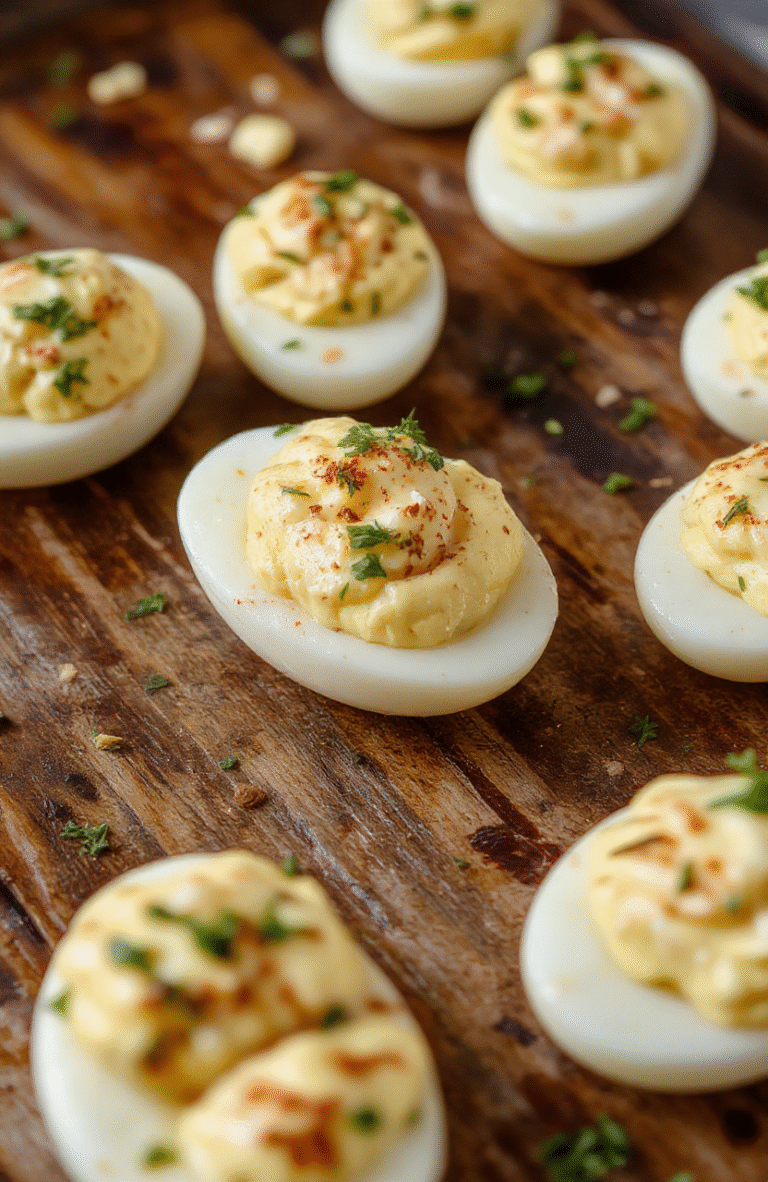 A close-up shot of creamy deviled eggs on a white platter, garnished with paprika and fresh chives, with smooth filling contrasting the firm boiled egg whites, on a rustic wooden table with fresh ingredients in the background.