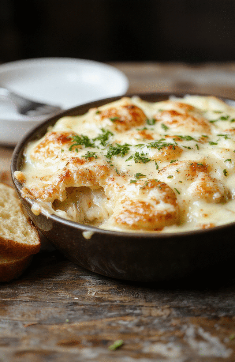 A close-up of a golden-brown creamy potato gratin layered with melted cheese and herbs, served in a rustic ceramic dish. The gratin has crispy edges and a creamy, cheesy interior, garnished with fresh thyme. The dish is styled on a wooden table with a warm, inviting atmosphere, showcasing the rich textures and vibrant colors of the dish.