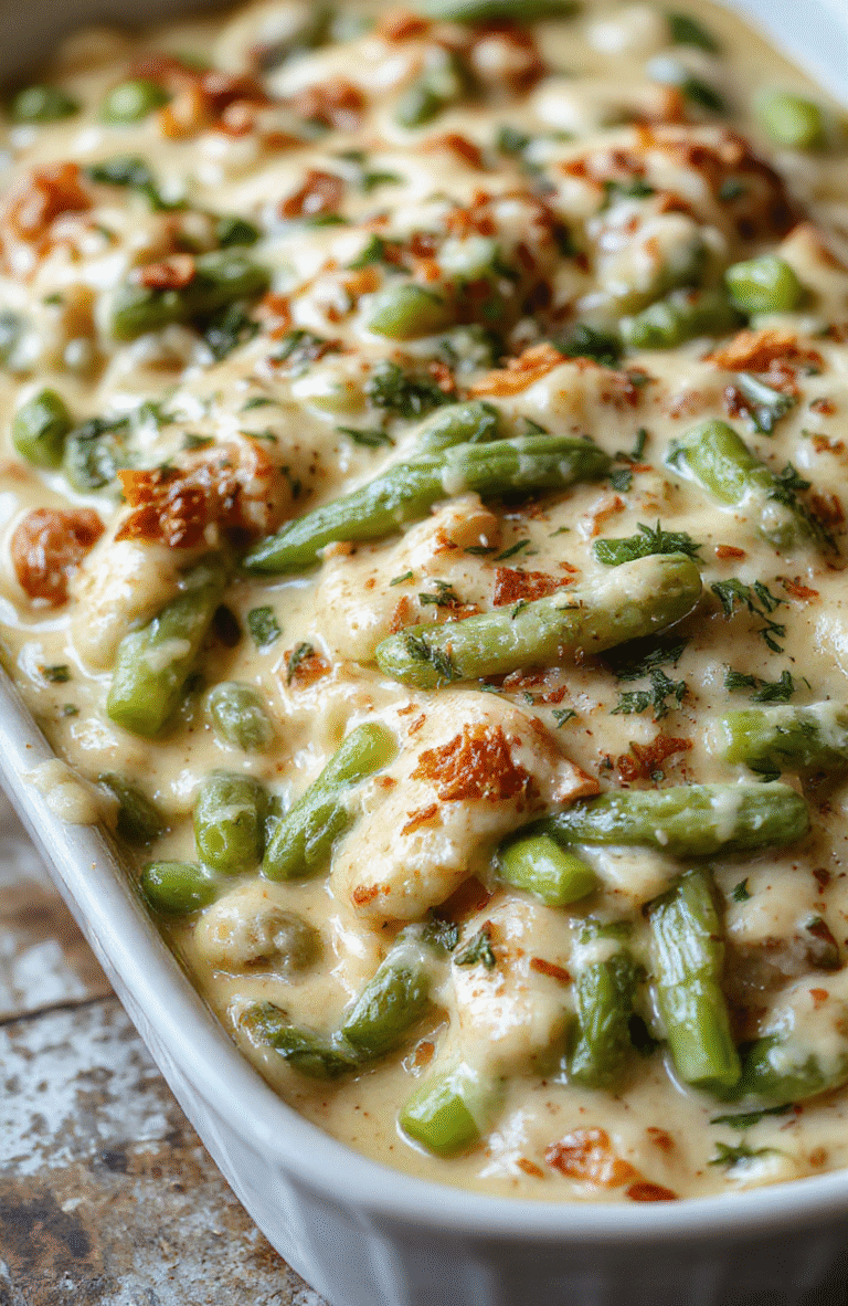 A vibrant, golden-brown creamy green bean casserole served in a rustic white baking dish, topped with crispy fried onions. Fresh green beans nestled in a rich, creamy sauce, garnished with a sprinkle of herbs. The dish is styled on a cozy wooden table, with a hint of holiday decor in the background, inviting comfort and festive cheer.