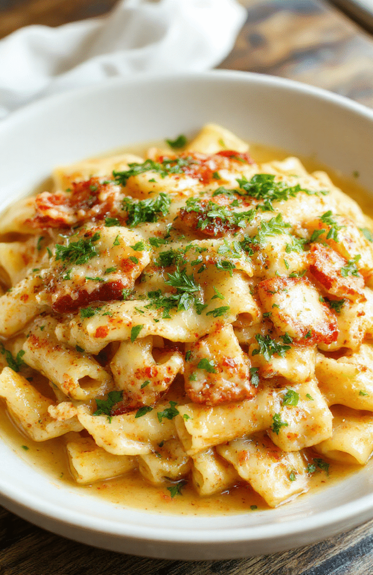 A vibrant plate of creamy Italian rigatoni pasta, coated in rich sauce, garnished with fresh parsley, served on a rustic wooden table with bread slices on the side, highlighting the textures and the creamy, cheesy appeal of the dish.