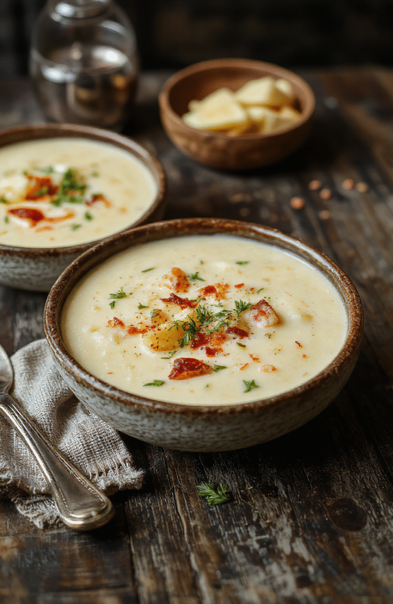 A steaming bowl of creamy loaded potato soup garnished with shredded cheese, crispy bacon bits, chopped green onions, and a dollop of sour cream, served on a rustic wooden table with slices of crusty bread on the side
