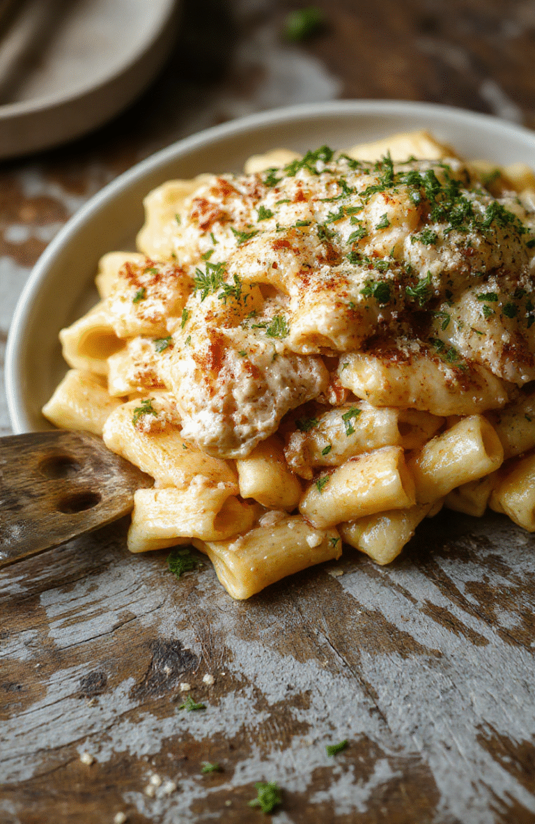 A plate of creamy parmesan chicken pasta featuring tender chicken pieces coated in a luscious white sauce, garnished with fresh herbs, served on a rustic wooden table with a sprinkle of parmesan cheese, vibrant green herbs, and perfectly cooked al dente pasta, styled simply for an inviting dinner scene.