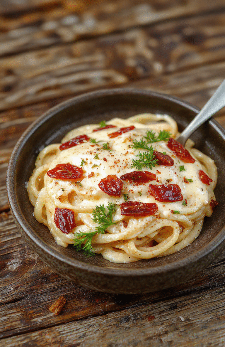 A vibrant plate of creamy spaghetti topped with sun-dried tomatoes, garnished with fresh basil on a rustic wooden table, showing a rich, glossy sauce and tender pasta with a pop of red from the tomatoes.