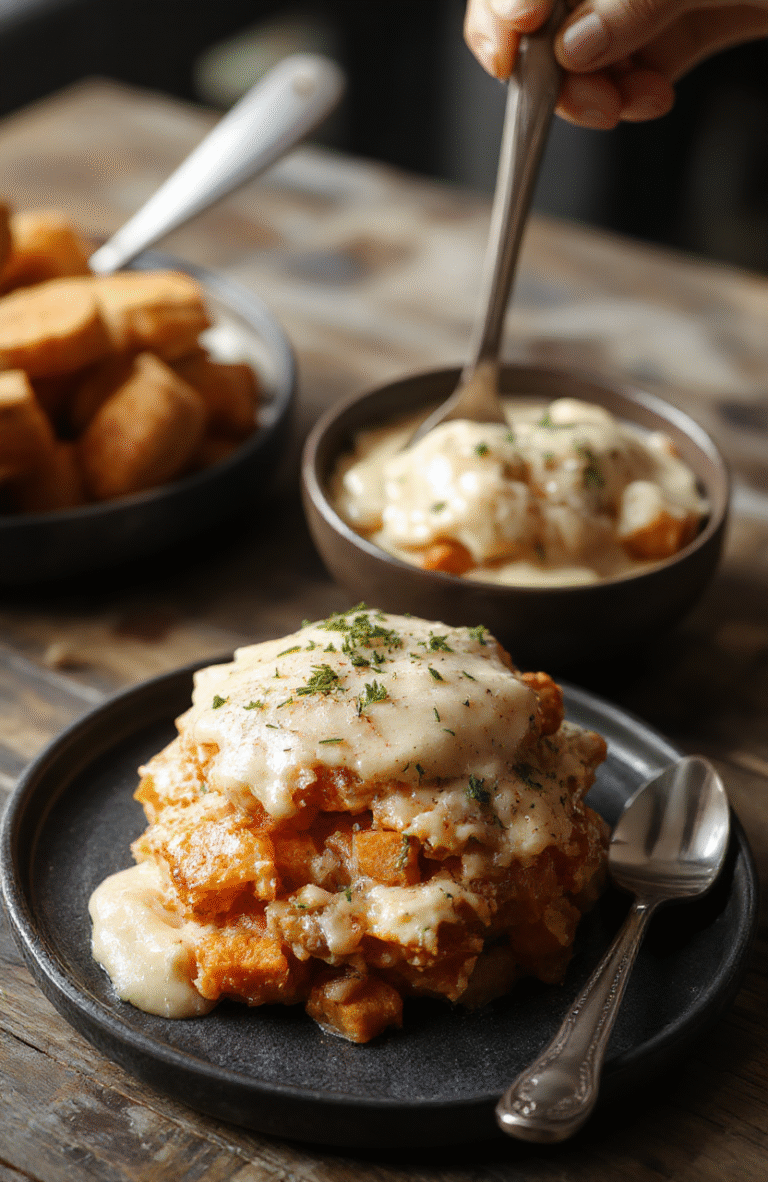 A vibrant, golden sweet potato casserole topped with toasted marshmallows and chopped pecans, served in a rustic ceramic dish on a wooden table, with a sprig of fresh thyme and a spoon nearby. The dish features a smooth, creamy texture with a caramelized, slightly crispy topping, styled with warm, inviting lighting that highlights the rich colors and textures.