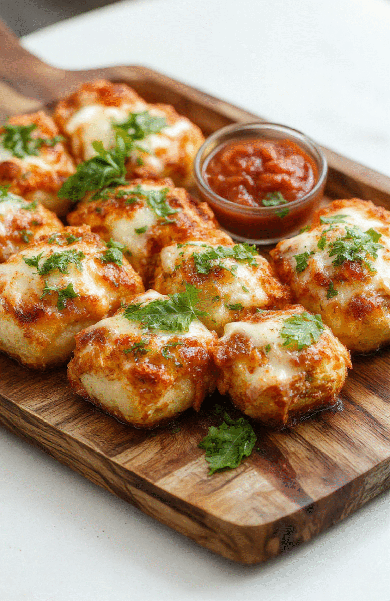 Golden-brown crispy pizza rolls arranged on a rustic wooden platter, with melted cheese visible through the cracks, garnished with fresh basil leaves, and a side of marinara sauce in small bowls, styled simply with natural light highlighting the textures.