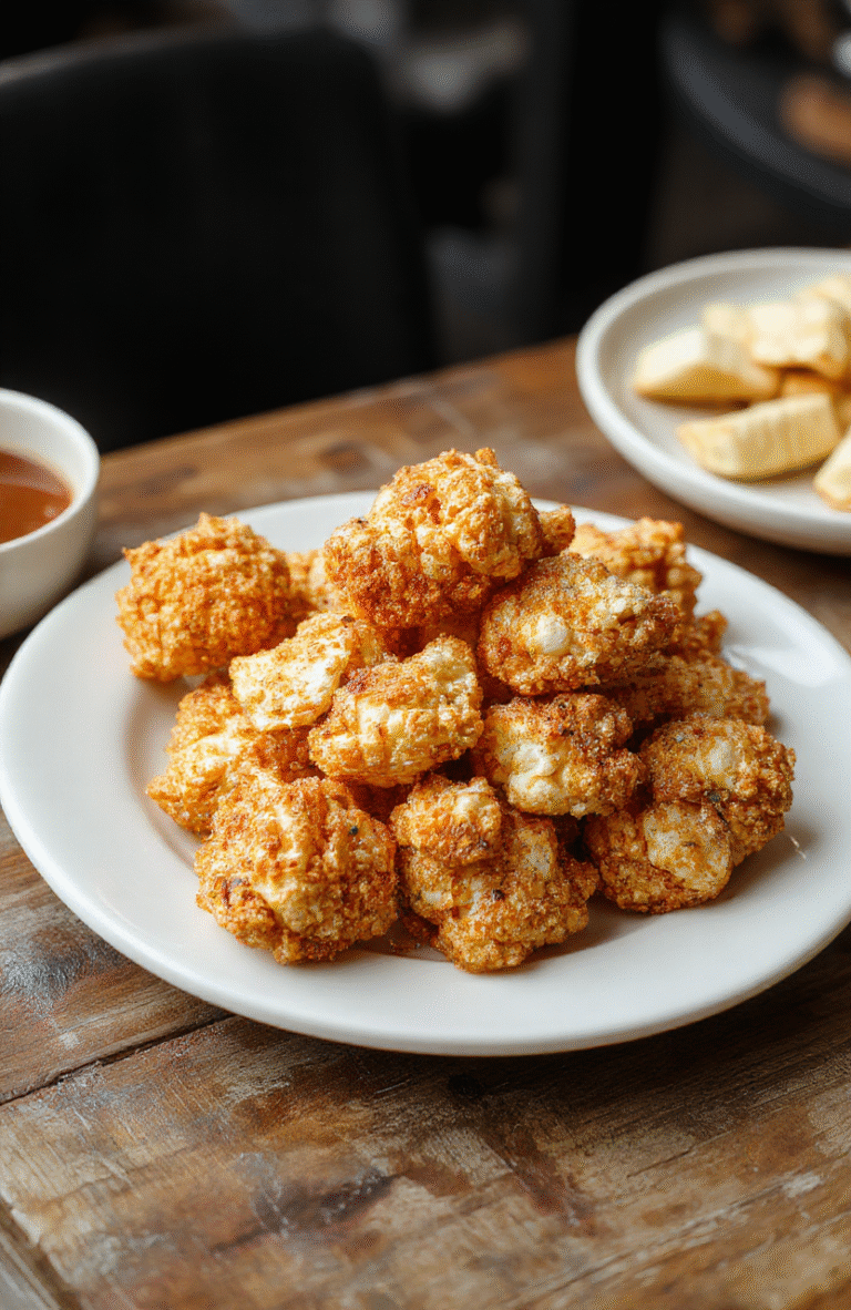 A crispy golden-brown popcorn chicken served on a white plate with a side of fresh green lettuce, drizzled with a tangy dipping sauce, and styled with scattered herbs. The chicken pieces have a crunchy textured coating and are arranged appealingly, with contrasting colors of the crispy exterior and vibrant greens, creating an inviting, appetizing image.