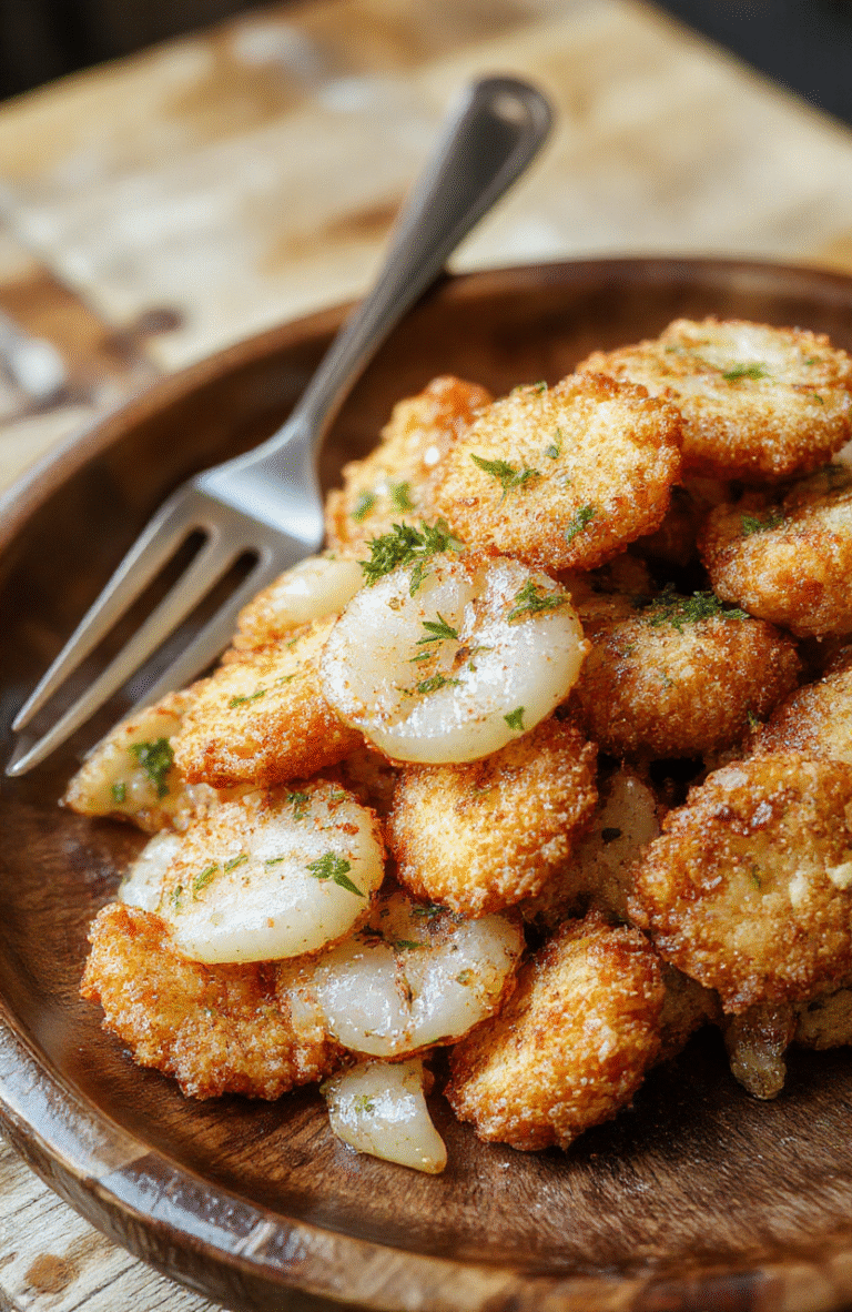 Golden crispy fried onions piled high on a rustic wooden plate, with a hint of seasoning visible on the crunchy exterior. The onions are perfectly golden-brown and textured, with some pieces slightly curled. The background is softly blurred, highlighting the vibrant color and tempting appearance of the crispy onions, styled simply for an inviting snack shot.