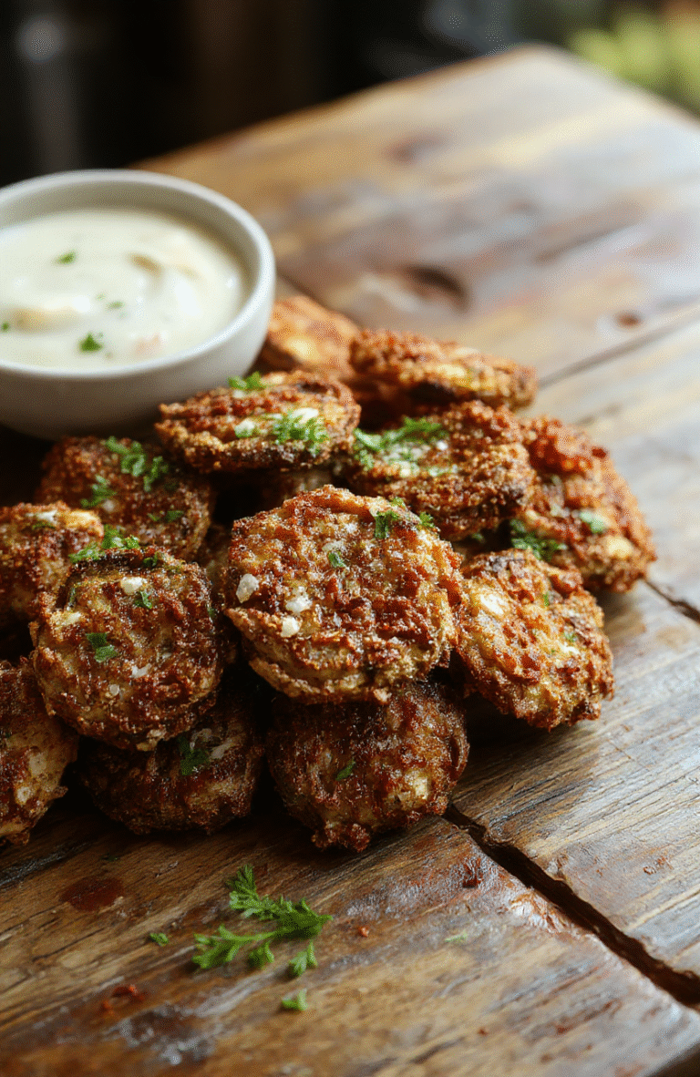 Golden brown crispy ranch mushrooms arranged on a white plate, garnished with chopped parsley, with a crispy textured coating showing. The mushrooms are served on a rustic wooden table with a blurred background, vibrant colors, and a glossy finish highlighting their crunchy exterior and tender interior.
