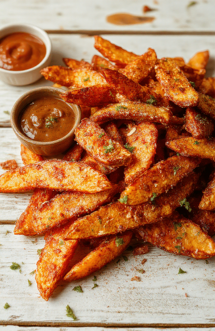 Crispy Sweet Potato Fries for the Perfect Side Dish Featured Image A vibrant plate of golden crispy sweet potato fries stacked neatly with a dipping bowl of spicy aioli on a rustic wooden table, steam rising slightly, with a textured background that highlights the textures and warm hues of the fries.