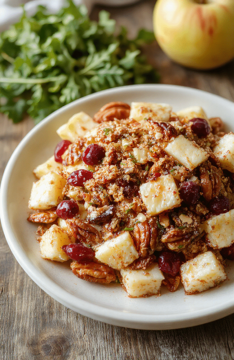 A vibrant plate of crunchy apple cranberry pecan salad featuring crisp apple slices, glossy cranberries, crunchy pecans, and mixed greens, beautifully arranged on a white ceramic plate with a light drizzle of dressing, with a holiday-themed background and natural lighting highlighting the textures and colors.