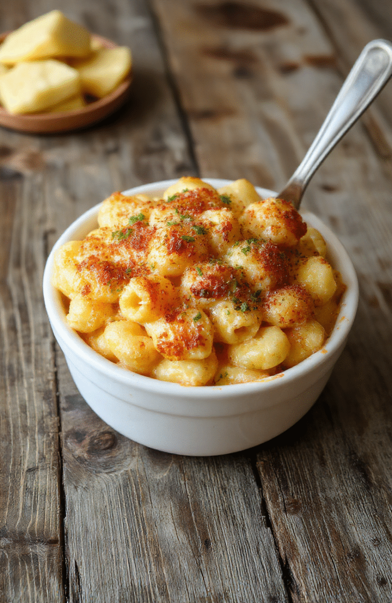 A close-up of a golden, crispy baked mac and cheese served in a rustic white dish with a crispy breadcrumb topping, melted cheese oozing in parts, garnished with fresh parsley, styled on a wooden table with warm lighting, inviting and comforting.