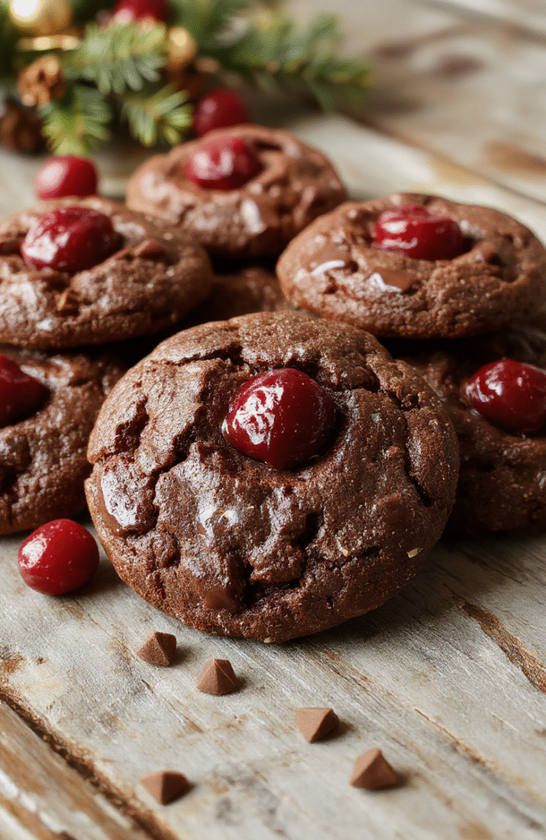 A close-up of rich chocolate cherry cookies on a rustic wooden board, topped with glossy cherries and a dusting of powdered sugar. The cookies are dark, moist, and inviting, with a slight crackle texture. Sharp focus highlights the shine of cherries and the smoothness of melted chocolate, styled casually for a cozy holiday vibe.