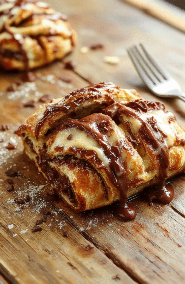 A golden-brown chocolate croissant bake topped with powdered sugar and drizzled with chocolate syrup, served in a rectangular baking dish on a rustic wooden table, with a side of fresh berries and a cup of coffee in the background, textured and inviting, emphasizing flaky layers and creamy chocolate filling.