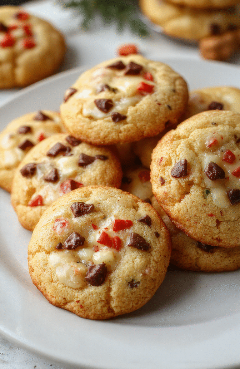 A close-up of soft, golden-brown gooey butter cookies topped with festive sprinkles, arranged on a rustic white plate, with a Christmas-themed background, showcasing their shiny, gooey centers and crumbly edges.