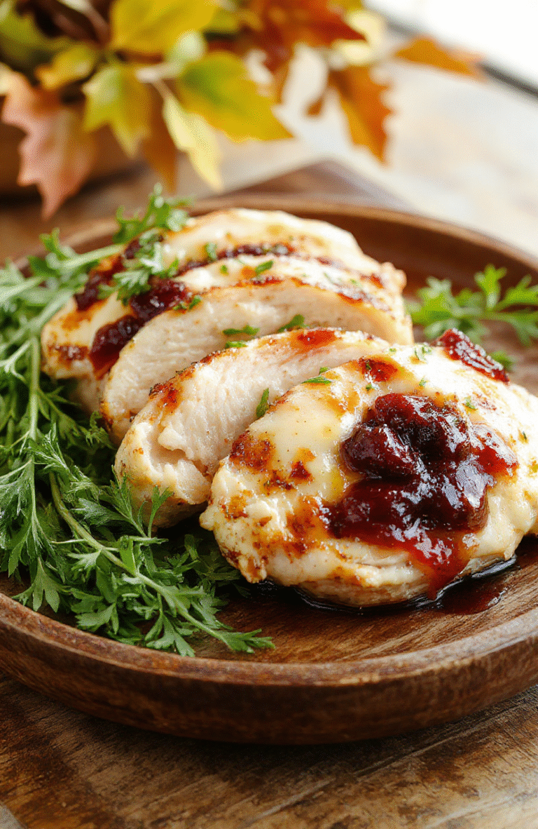 A close-up of a beautifully plated dinner featuring tender chicken breast topped with melted brie cheese and vibrant cranberry sauce. The dish is garnished with fresh herbs, surrounded by colorful holiday decorations, and served on a rustic wooden platter. The textures of the gooey cheese and glossy cranberries contrast with the crispy chicken skin, creating an inviting and festive presentation.