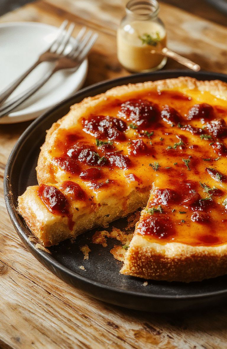 A golden-brown custard pie with a smooth, glossy surface, sliced to reveal its rich, creamy filling nestled in a flaky crust, styled on a rustic wooden table with holiday-themed decorations in the background.